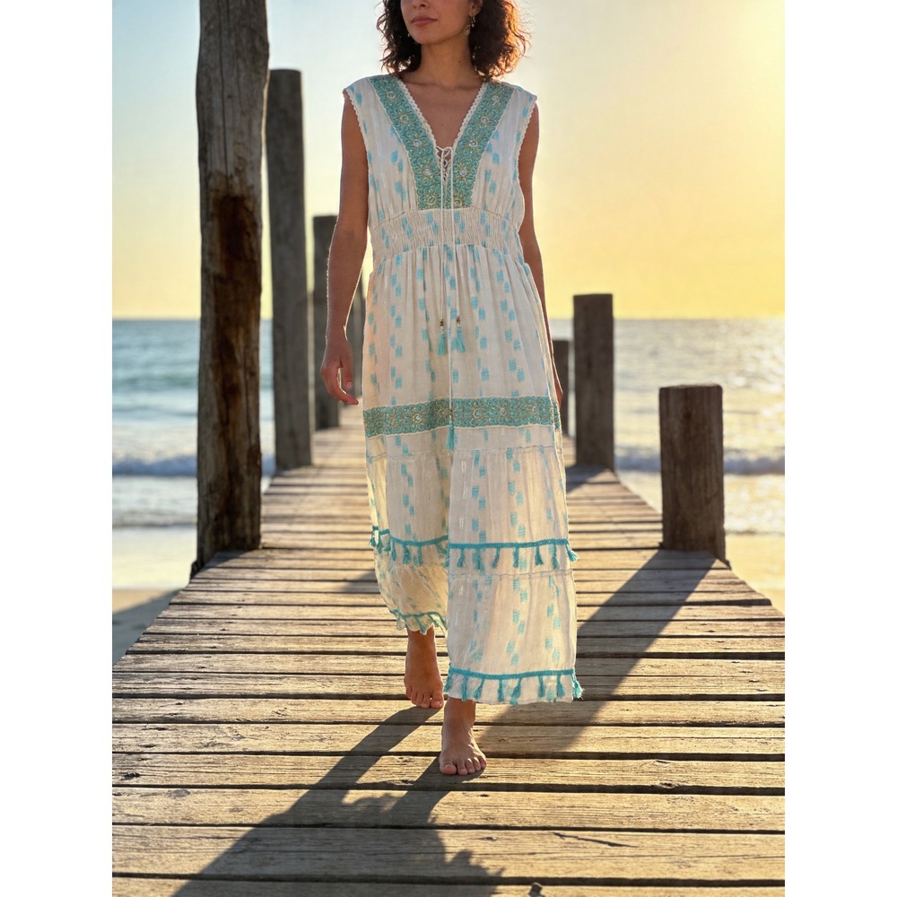 Anthropologie Me 2 Magic Boho Embroidery Metallic Emerald Maxi Dress Size 3X